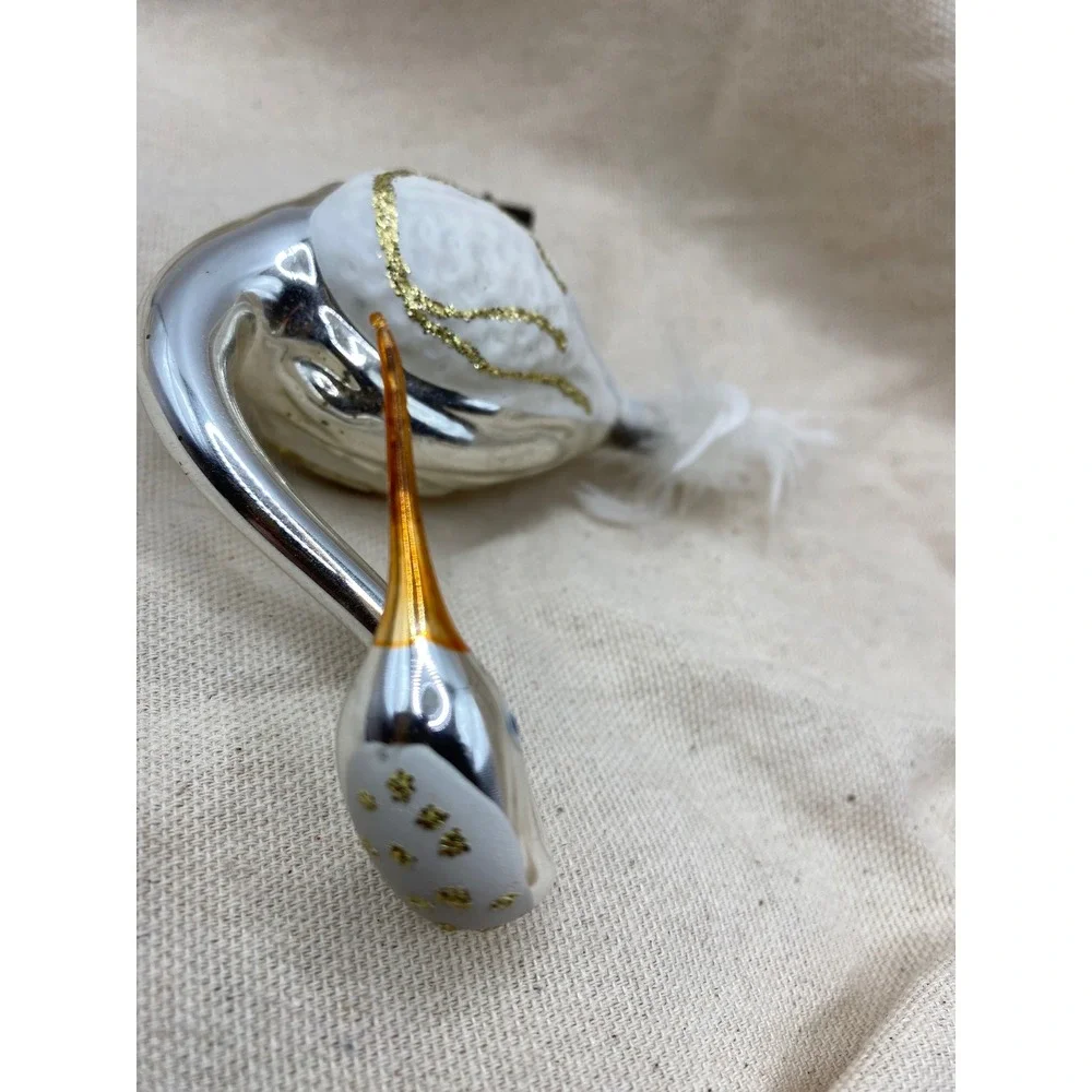 Vintage Glass Swan Ornament‎ White Gold Glitter Clip On Feather Tail Christmas